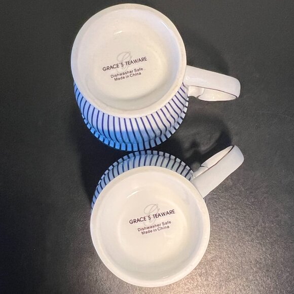 Set of 2 GRACE’S TEAWARE Navy Pinstripe Footed Cups w/ Metallic Gold Accents - Picture 7 of 9